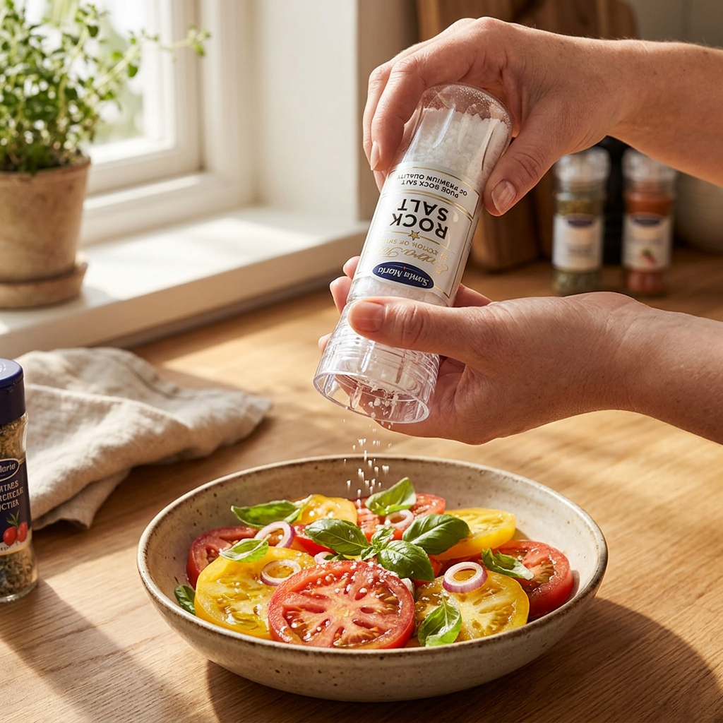 Santa Maria saltkværn bruges over en tomatsalat