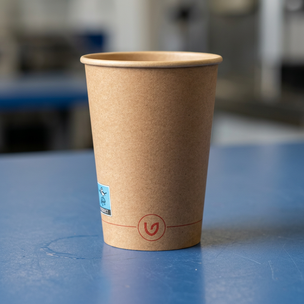 Brunt Verive kaffebæger 25 cl på blå bordplade i kantine