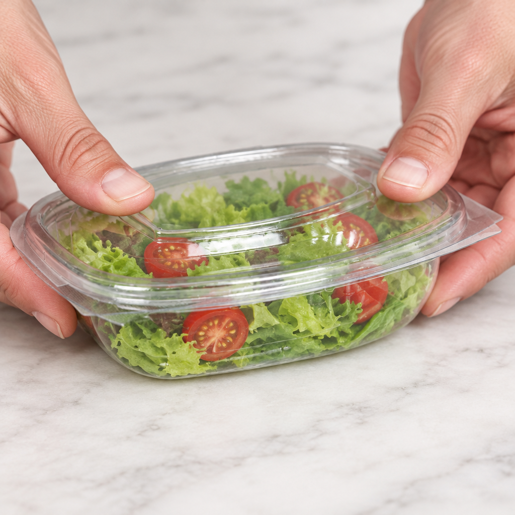 Brugssituation: låget lukkes på en oval salatbakke med salat og tomater