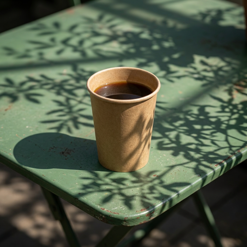 Brunt kaffebæger med kaffe på grønt cafébord med sol og planteskygger
