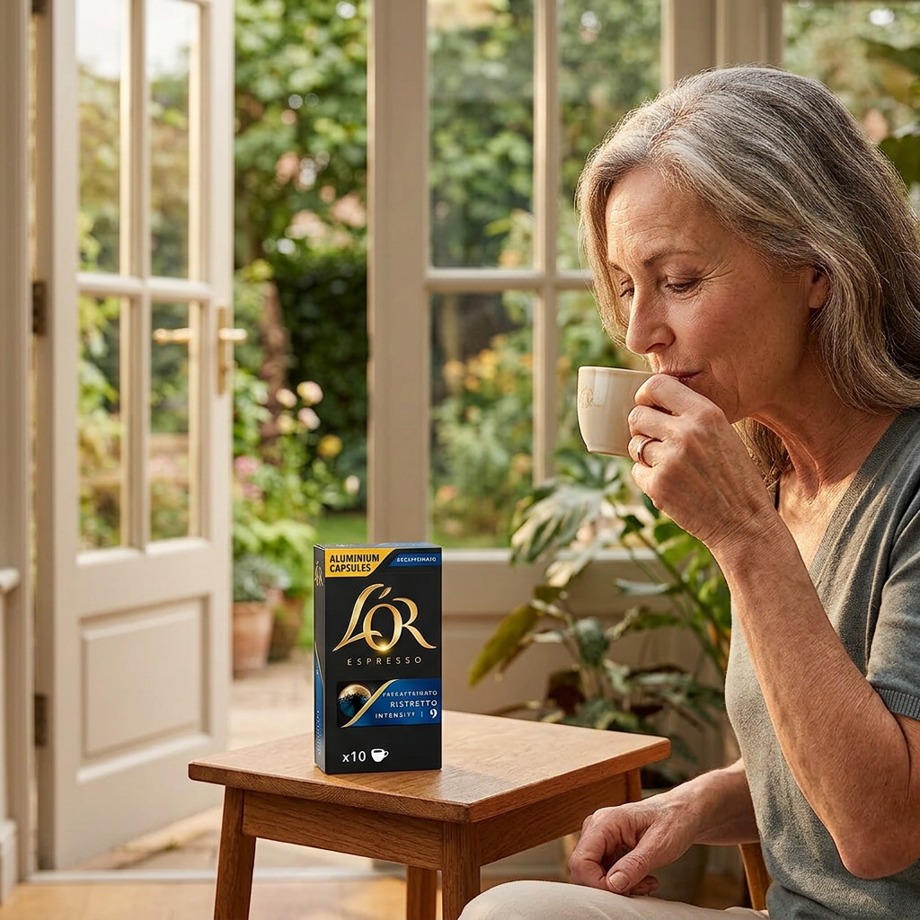 Kvinde drikker kaffe ved haven med L’OR Ristretto Decaf 9 på bordet