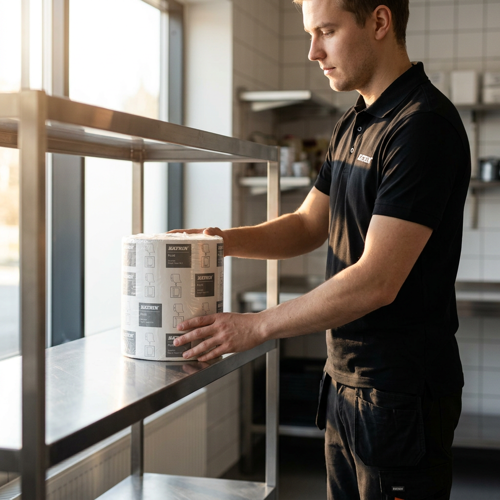 Medarbejder sætter en Katrin Plus-håndklæderulle på en hylde i sollys. Miljøbillede.