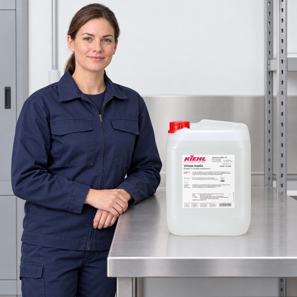 Medarbejder ved lukket Vinox-matic 10 L dunk på servicebord, stemningsbillede