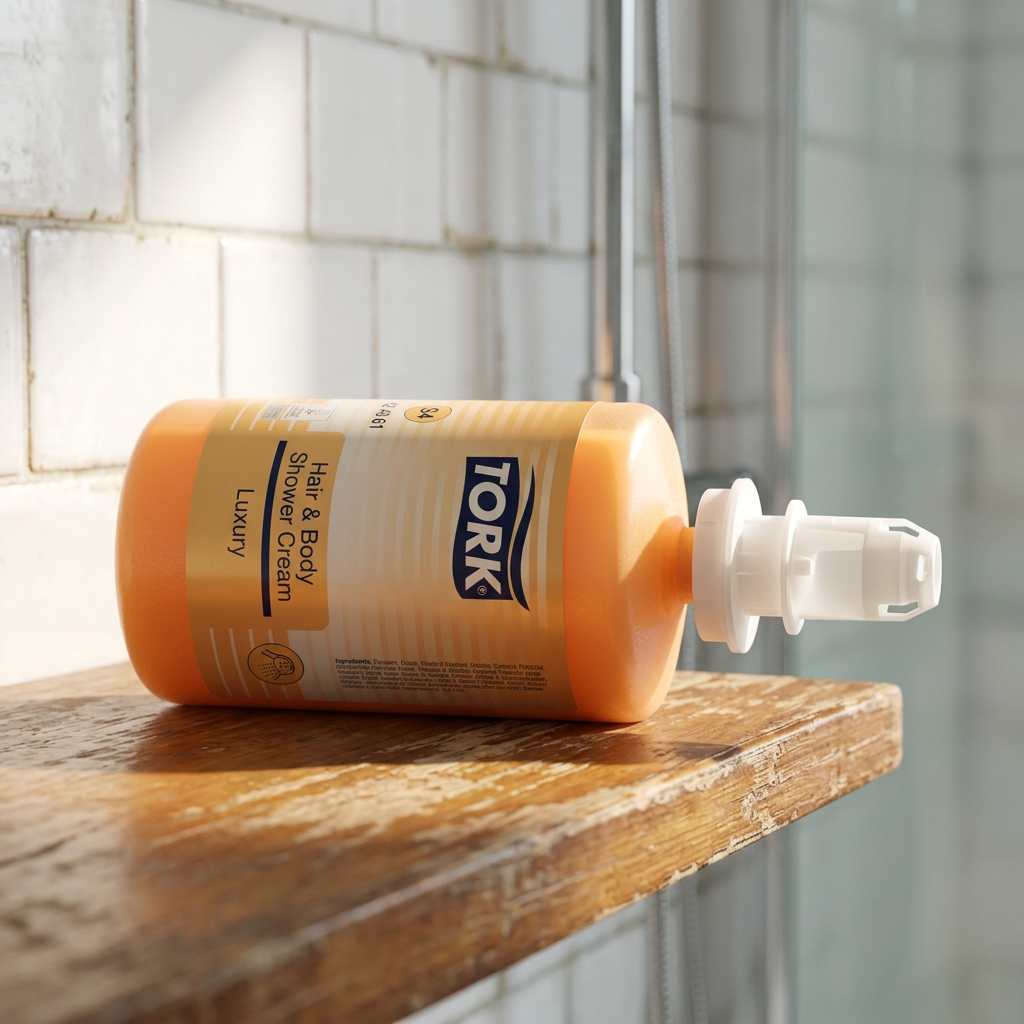 Tork S4 Hair & Body-refill liggende på hylde i sollyst hotelbadeværelse