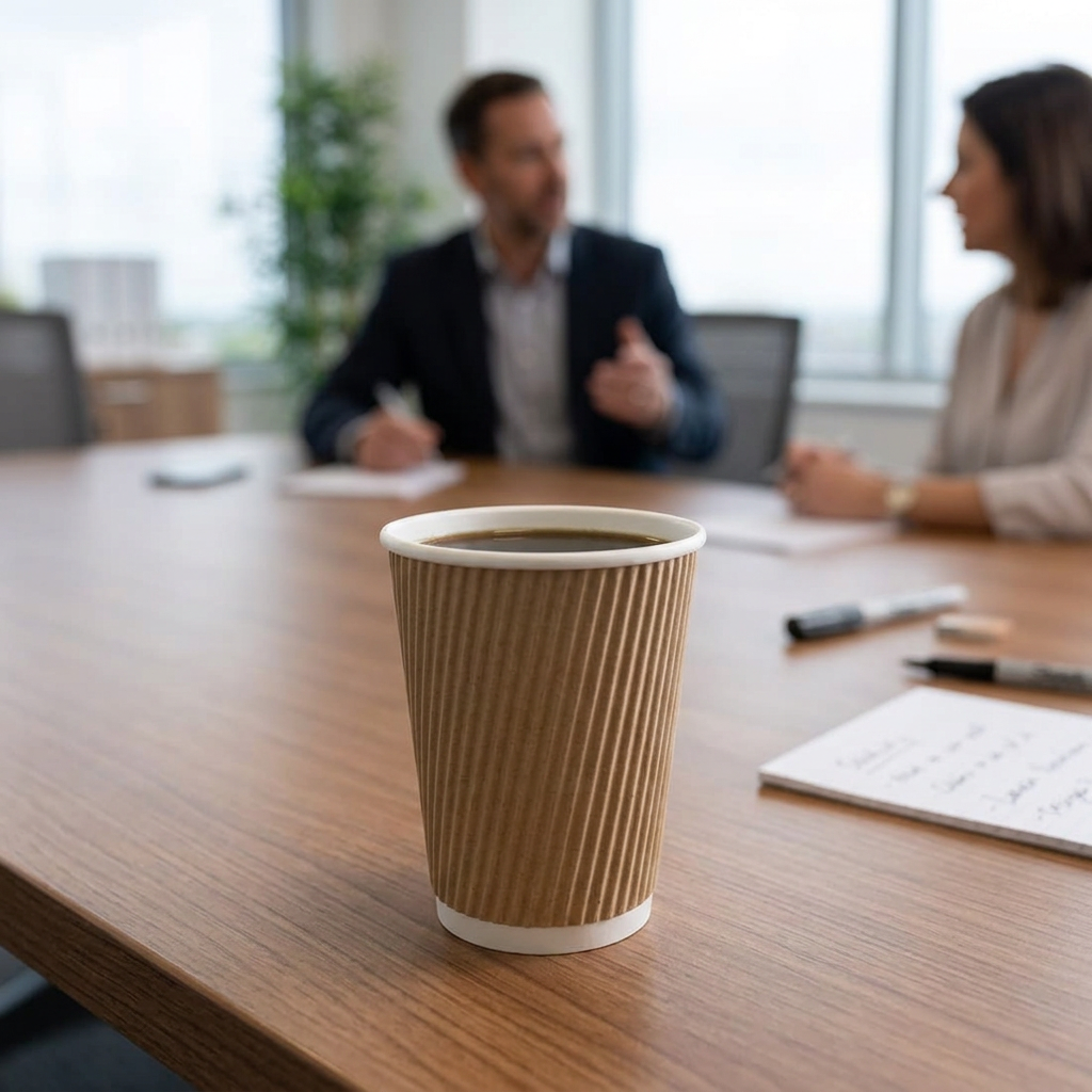 Ripple-Wrap kaffebæger med kaffe på mødebord med to voksne kolleger i baggrunden
