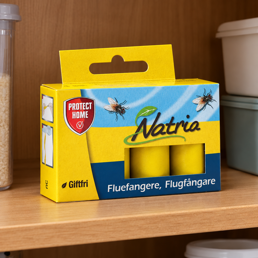 Natria fluefangere i emballage på opbevaringshylde, stemningsillustration