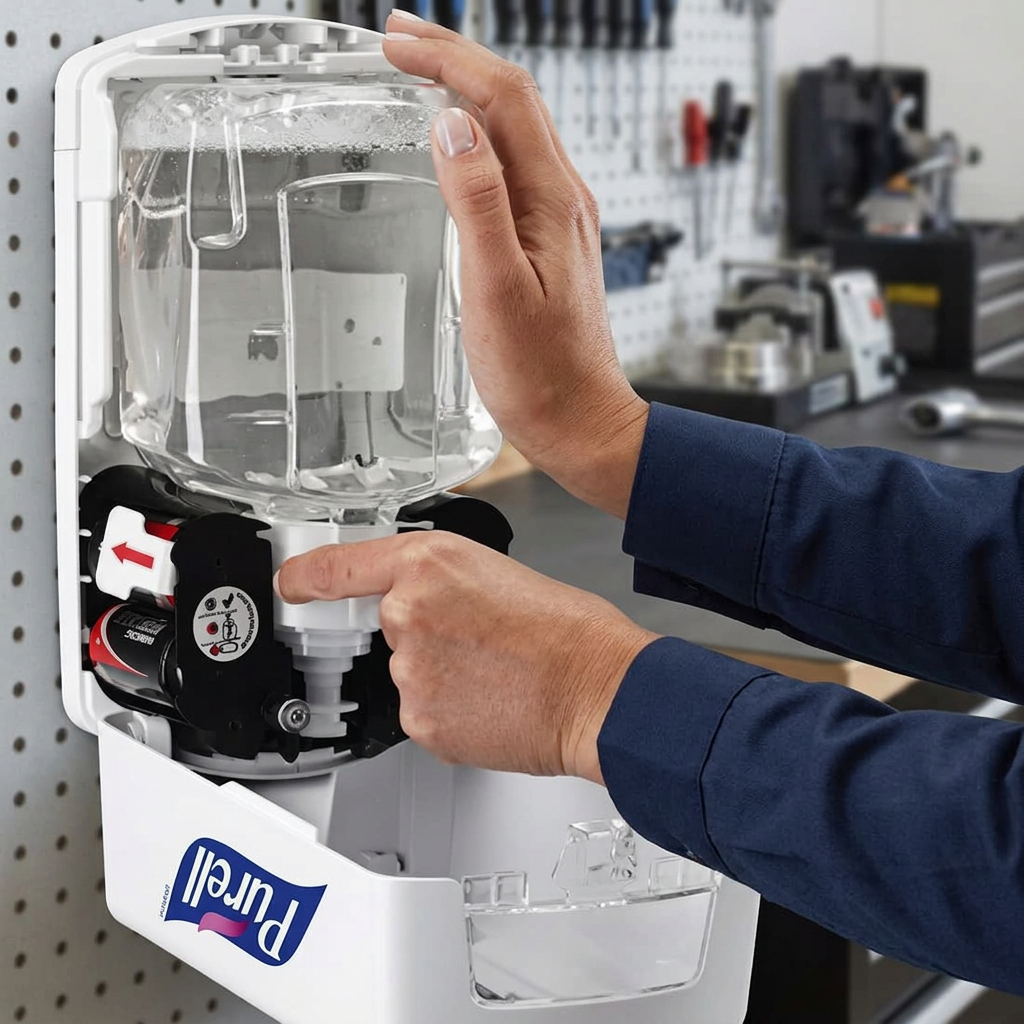Serviceillustration af åben Purell-dispenser med motorområde og medarbejder i blåt arbejdstøj