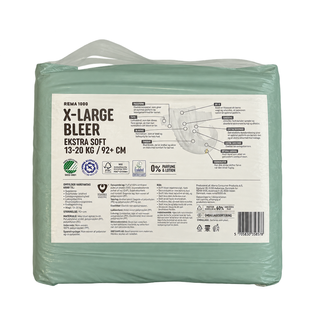 REMA 1000 X-Large 6 bleer, frilagt bagside med produktinformation og EAN 5705830358578.