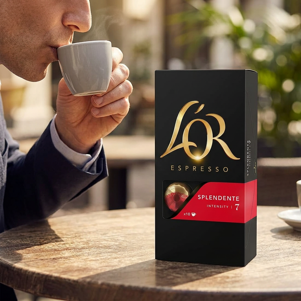Kaffepause med L’OR Splendente 7 på bordet i naturligt sollys