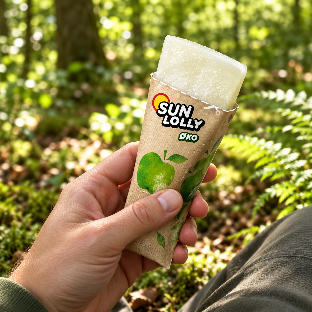 Åbnet Sun Lolly ØKO Æble-is i voksenhånd ved skovpause