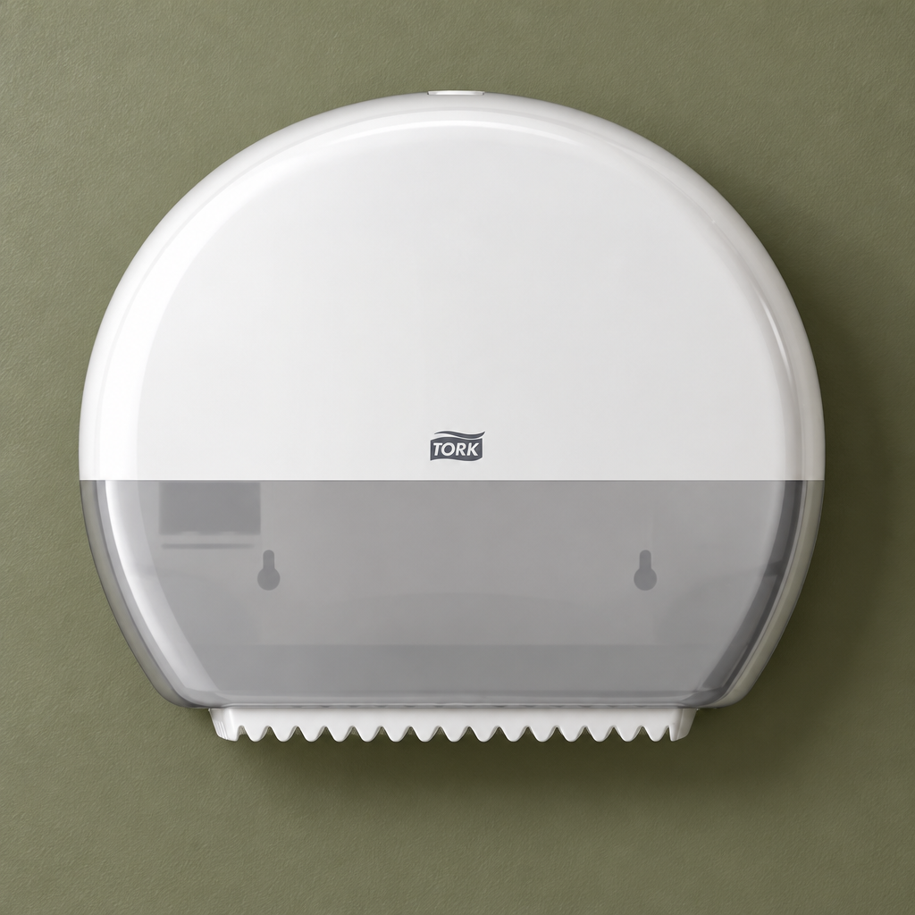 Hvid Tork Mini Jumbo-dispenser med gråt vindue på restaurantens personaletoilet