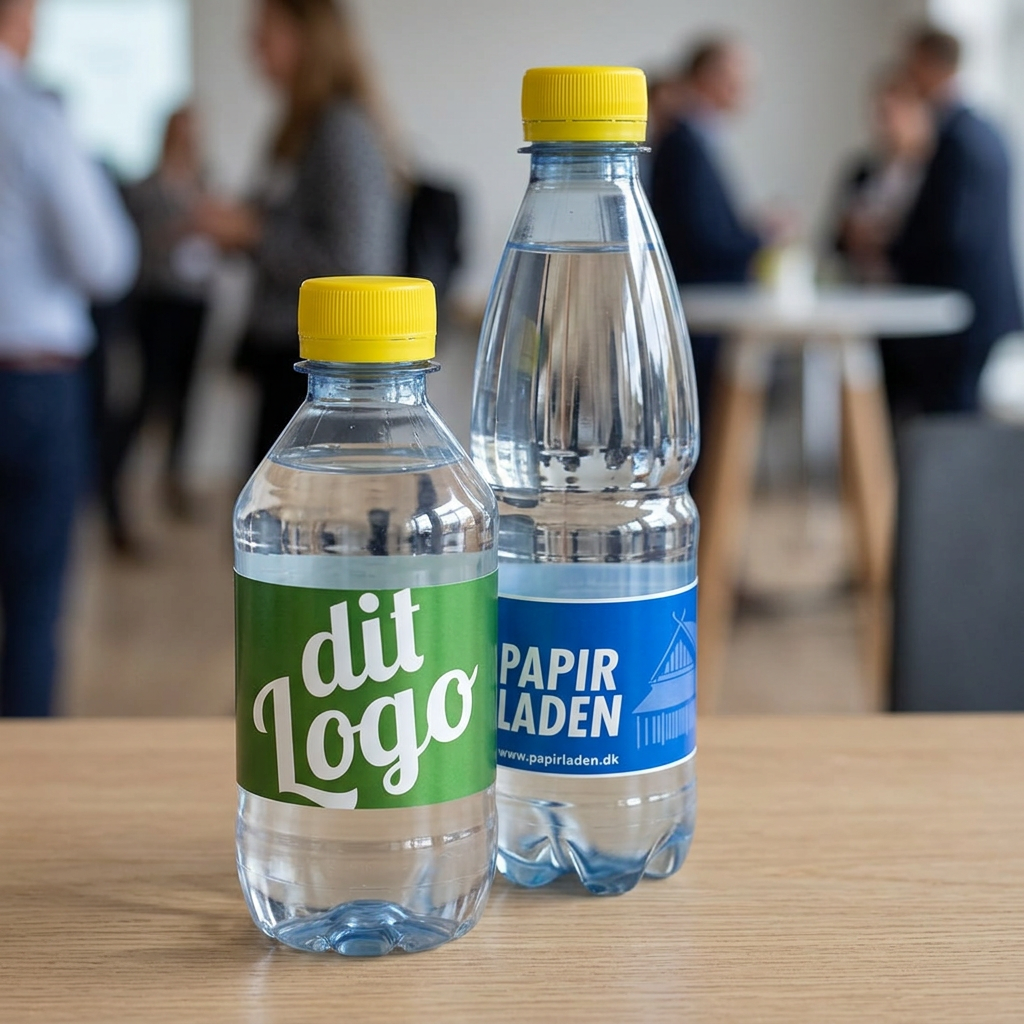 Begge logovandsstørrelser med gule låg og blå eller grøn etiket på velkomstbordet