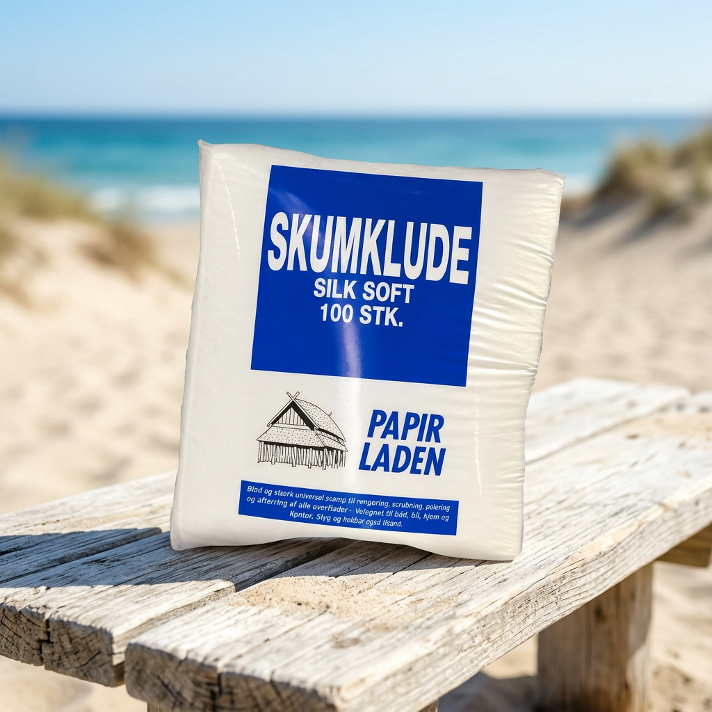 Skumklude 100 stk. på bænk ved solrig strand og blå havudsigt