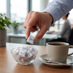 Voksen tager indpakket sukkerportion fra skål i kaffepause