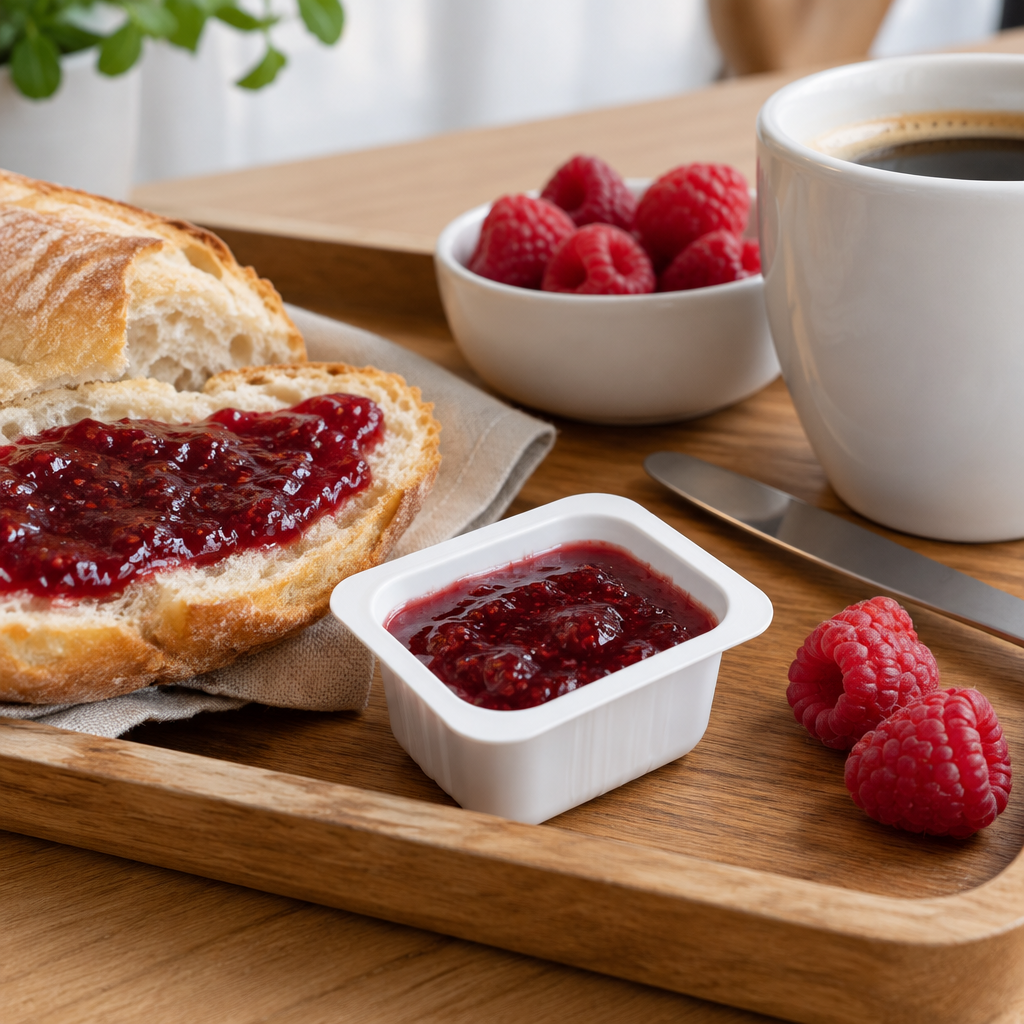 Stemningsbillede af hindbærmarmelade ved kaffekop og brød
