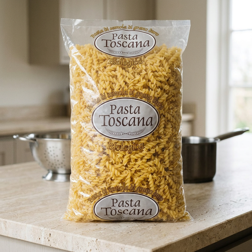 Pose med Pasta Toscana økologiske fusilli 3 kg på en lys køkkenbordplade