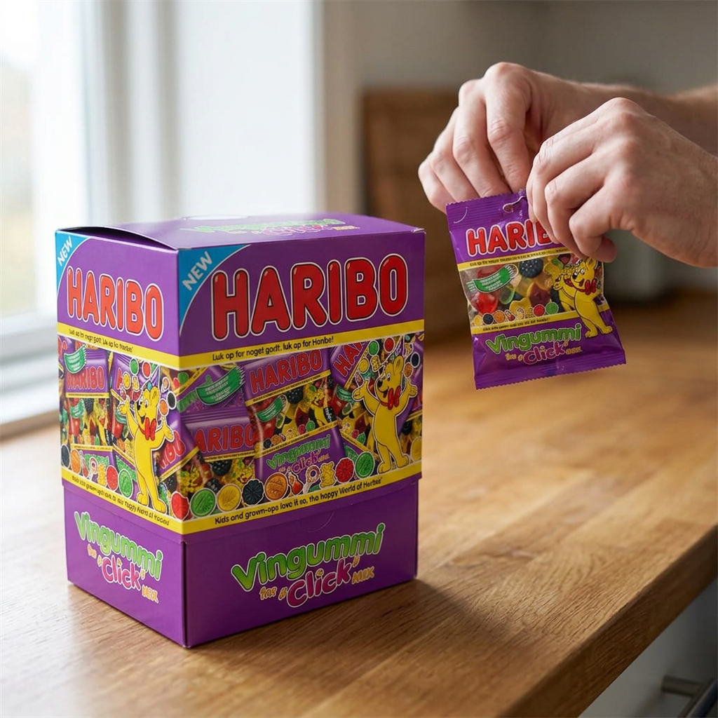 Voksen åbner en lille Click Mix-pose ved siden af Haribo-kassen