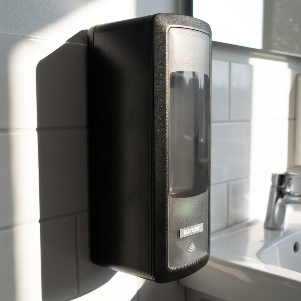 Sort Katrin Touchfree-dispenser ved solbeskinnet håndvask