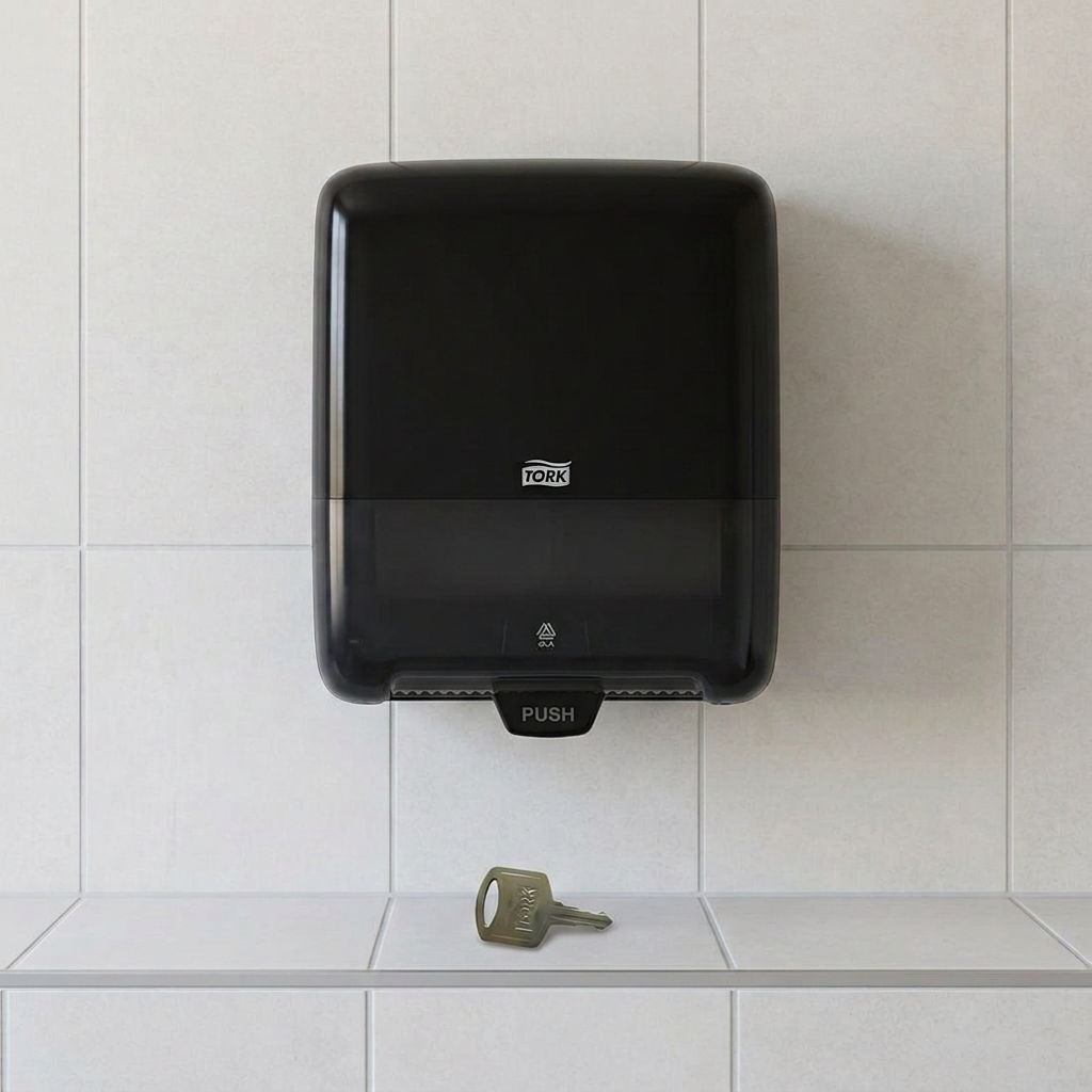 Tork-nøgle 2310 på en servicehylde under sort Tork Matic H1-dispenser 5111