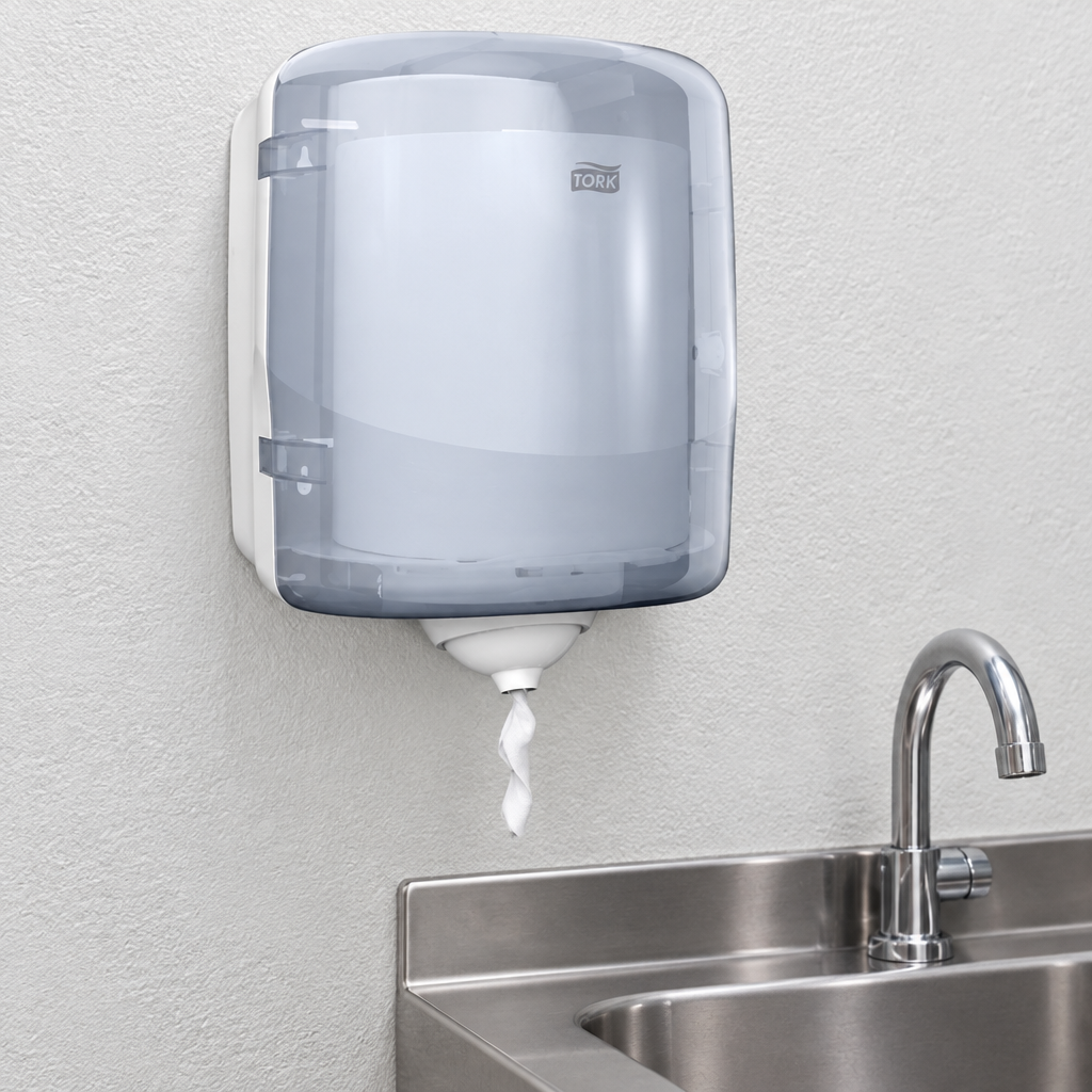 Hvid Tork Reflex M4 centerrulledispenser i værkstedets vaskerum