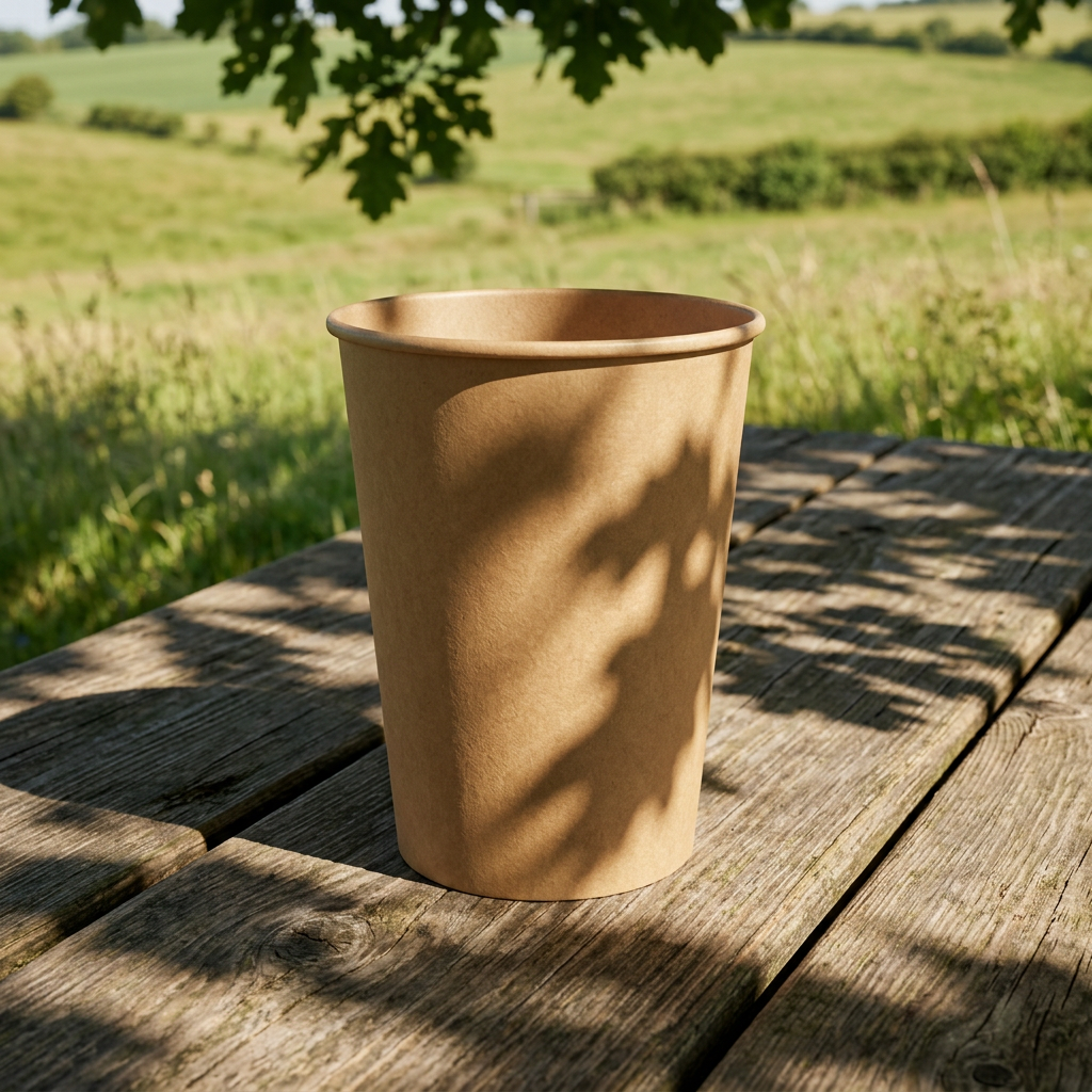 Brunt kaffebæger uden tryk på picnicbord med grønt landskab i solskin