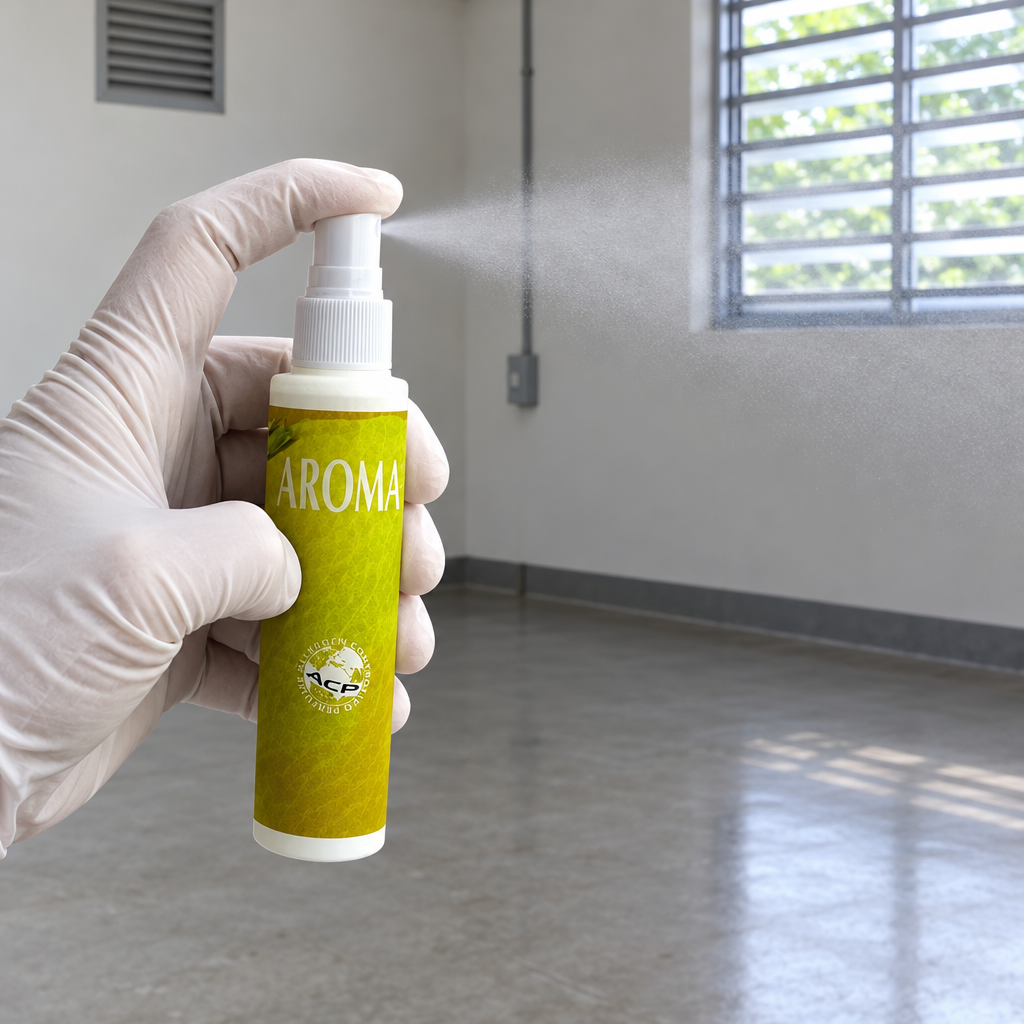 Duftspray AROMA doseres med pumpen i et tomt rum