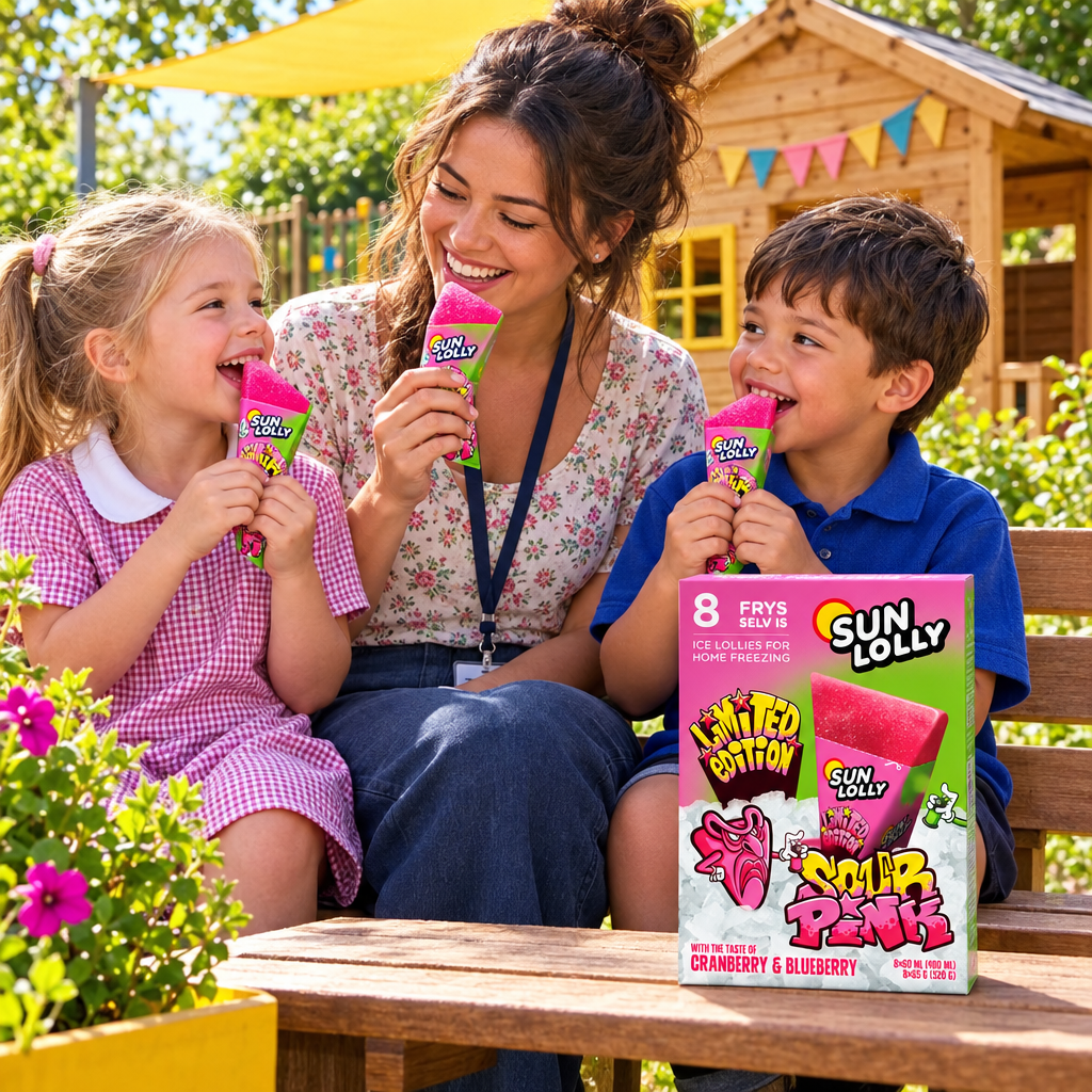 Voksen og to børn nyder Sun Lolly Sour Pink i børnehavens have