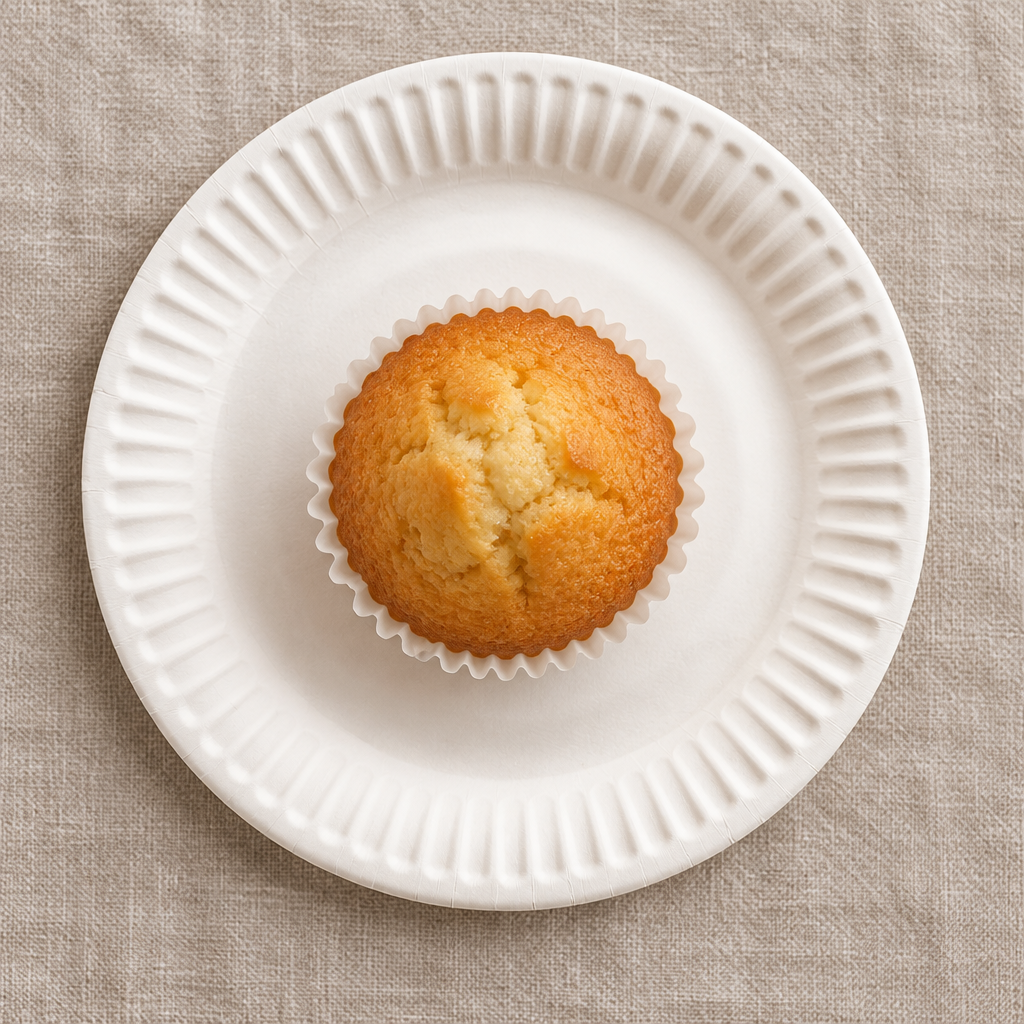 Hvid paptallerken med muffin på lys hørdug