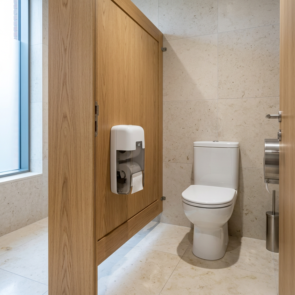 Hvid Tork OptiServe T7-dispenser til to ruller ved toilet i lys kabine med træskillevæg