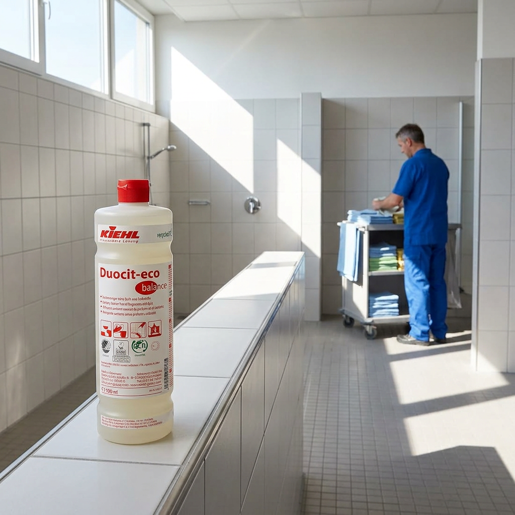 Kiehl Duocit-eco Balance 1 L på flisehylde i solrigt bruserum med medarbejder i baggrunden