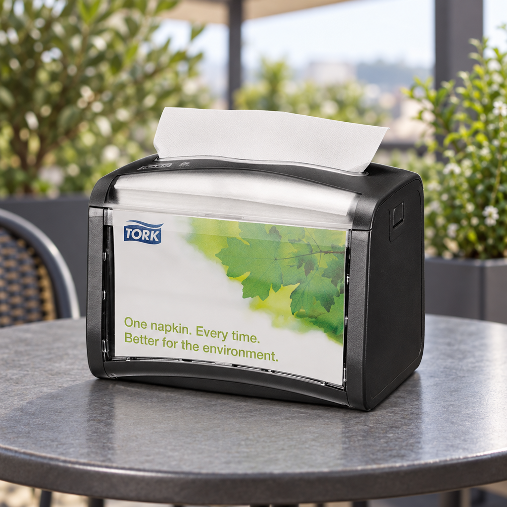 Tork Xpressnap N4 borddispenser på overdækket caféterrasse