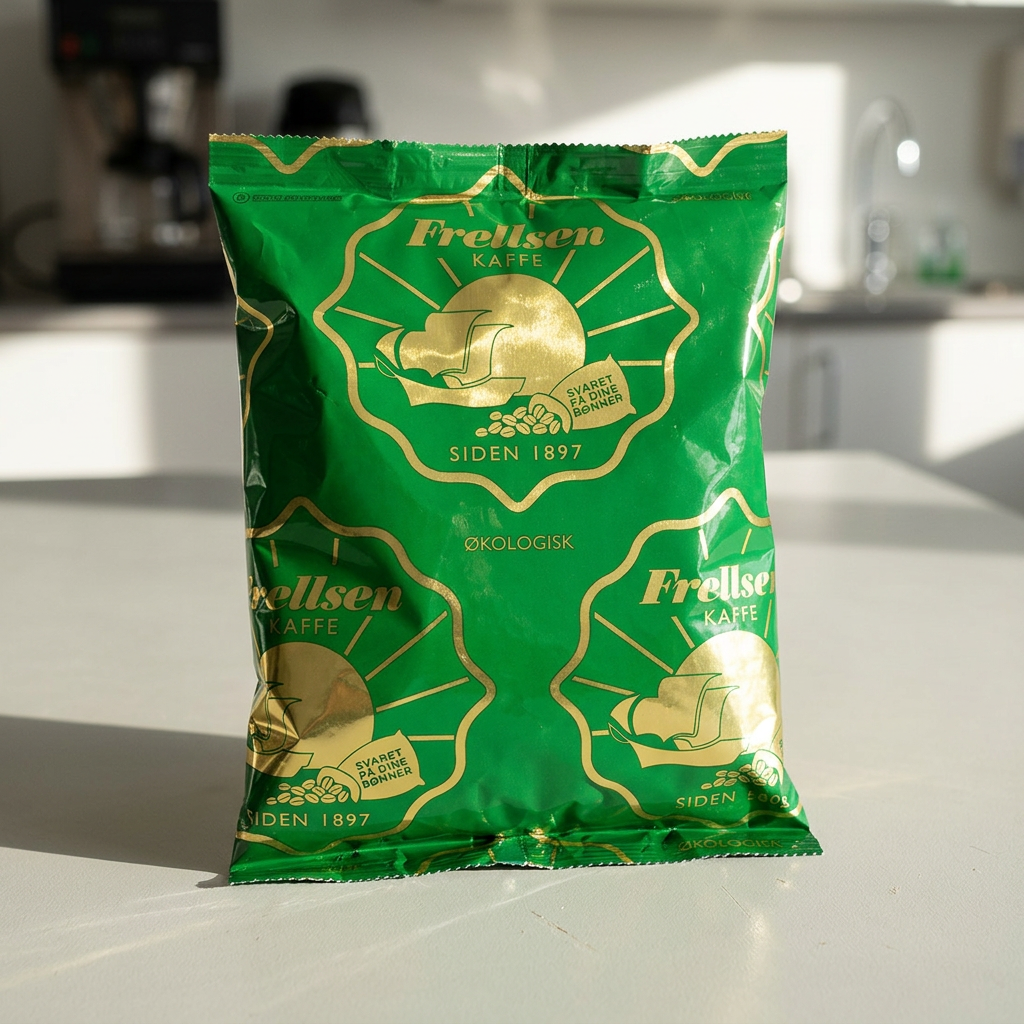 Detalje af grøn Frellsen Økologisk-kaffepose i solskin