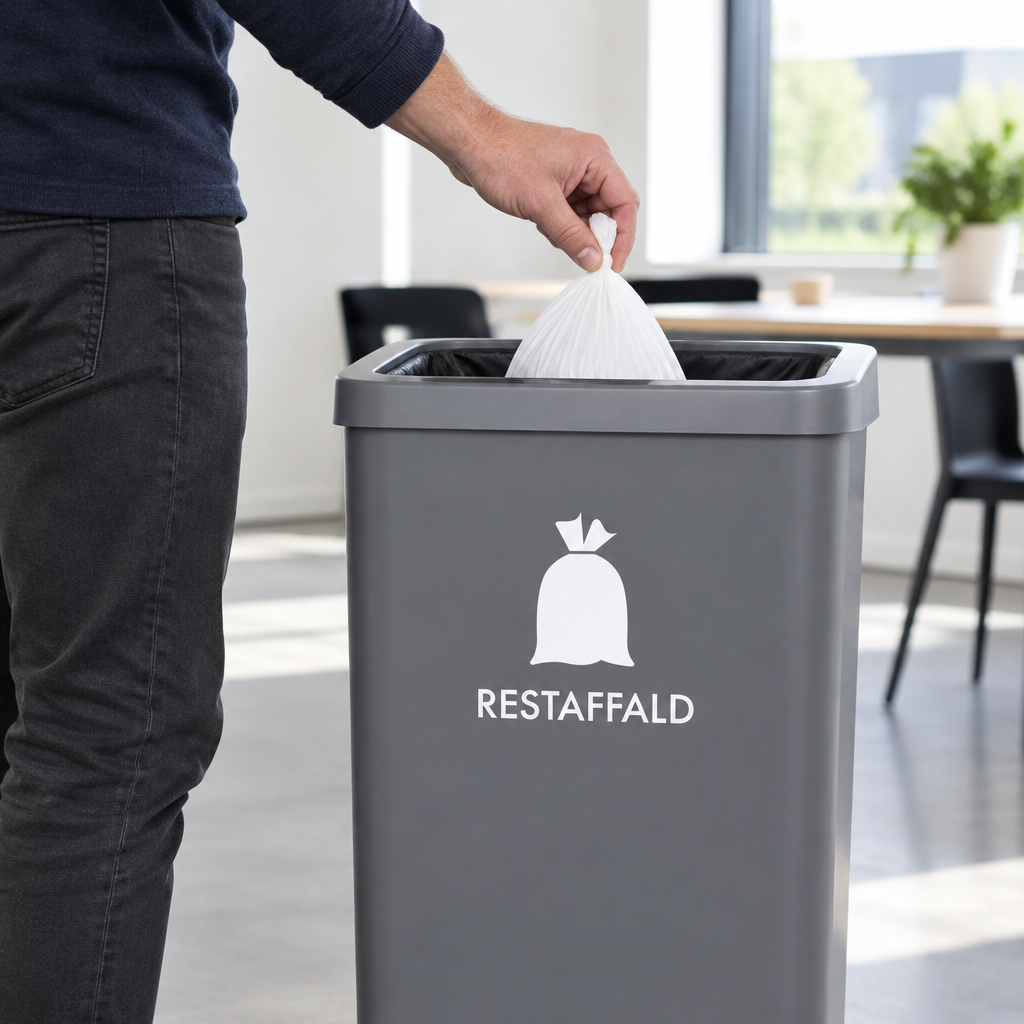 Hvidt restaffaldspiktogram på grå beholder, mens en affaldspose afleveres