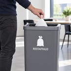 Hvidt restaffaldspiktogram på grå beholder, mens en affaldspose afleveres