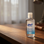 Purell Advanced 100 ml på mørkt skrivebord i varmt lys, stemningsbillede