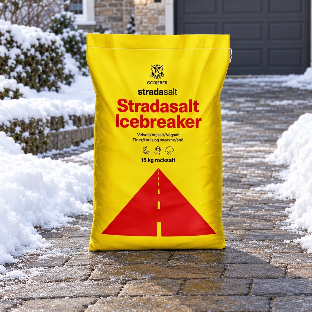 Stradasalt Icebreaker 15 kg vejsalt ved indkørsel med sne langs siderne