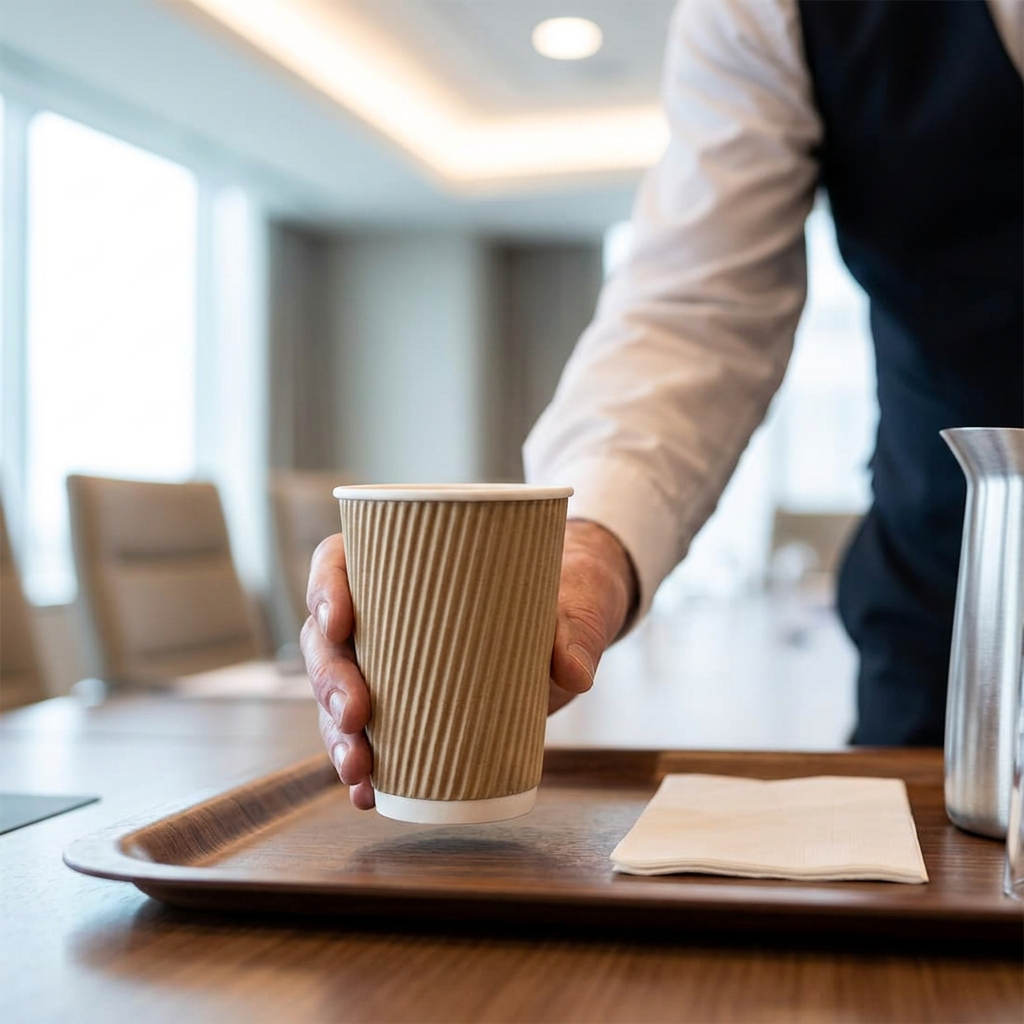 Voksen medarbejder placerer brunt Ripple-Wrap kaffebæger 36 cl på serveringsbakke