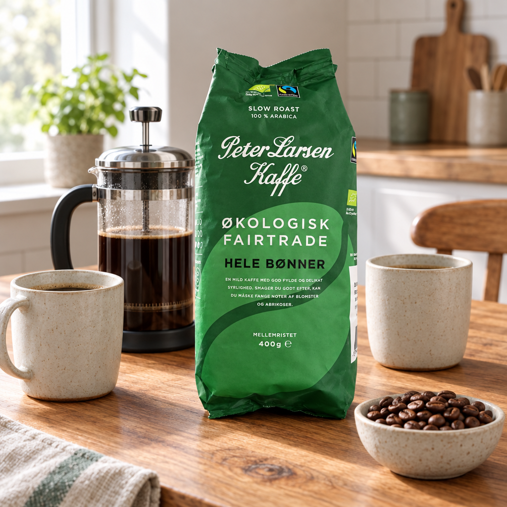 Stemningsillustration af Peter Larsen hele kaffebønner 400 g ved stempelkande og morgenbord