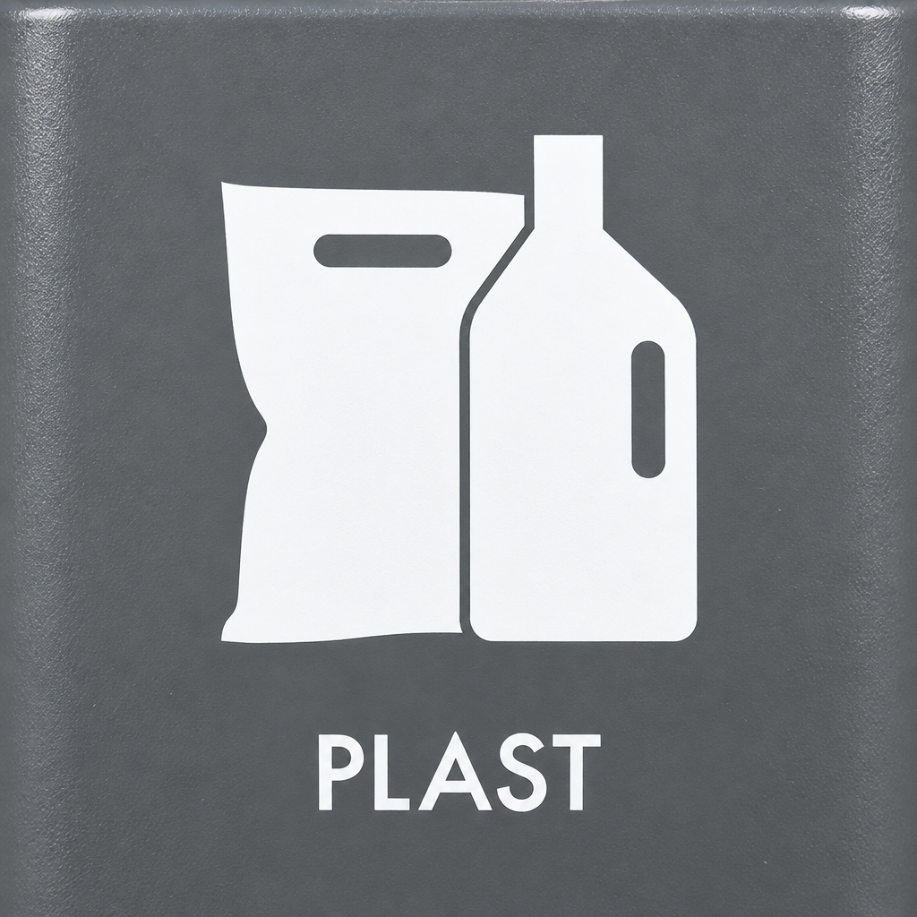 Detalje af hvid pose, flaske og PLAST-tekst direkte på grå beholder