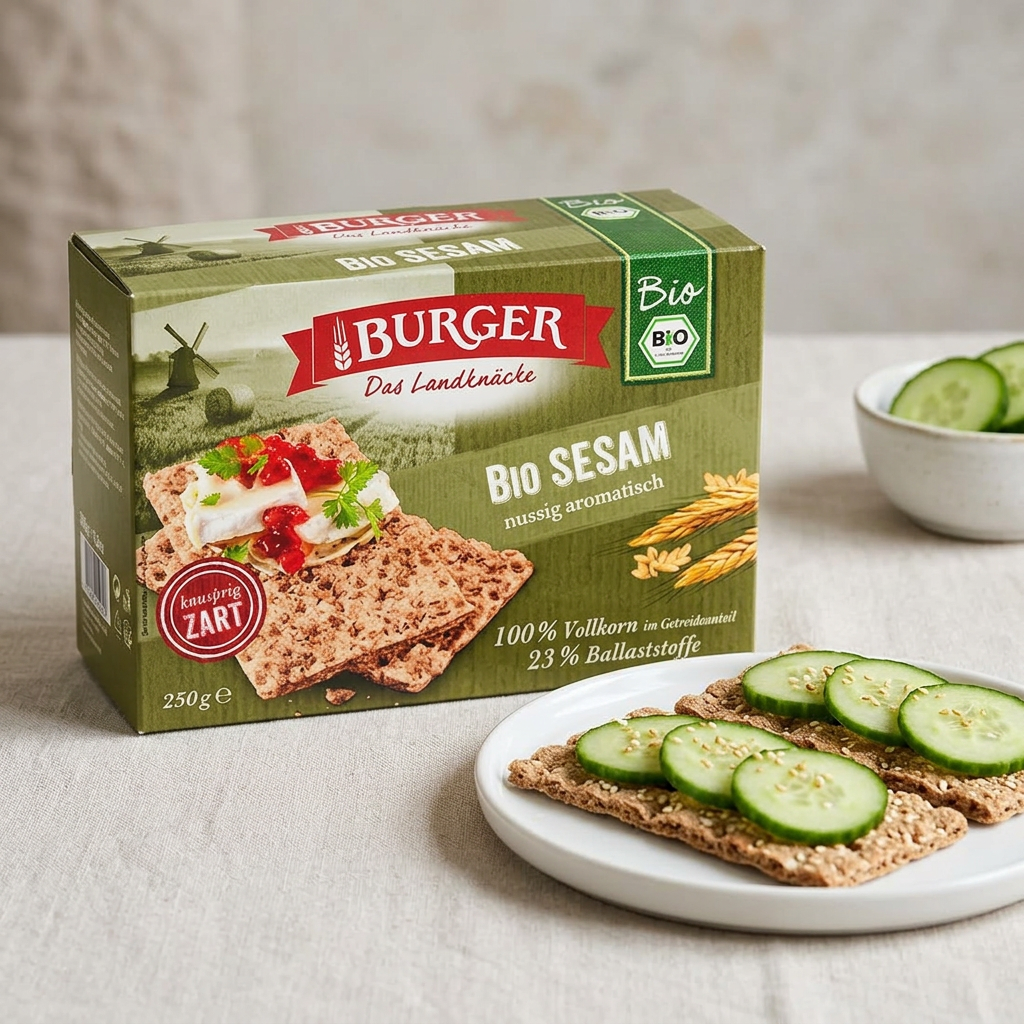 Burger Bio Sesam-knækbrød med agurk på tallerken