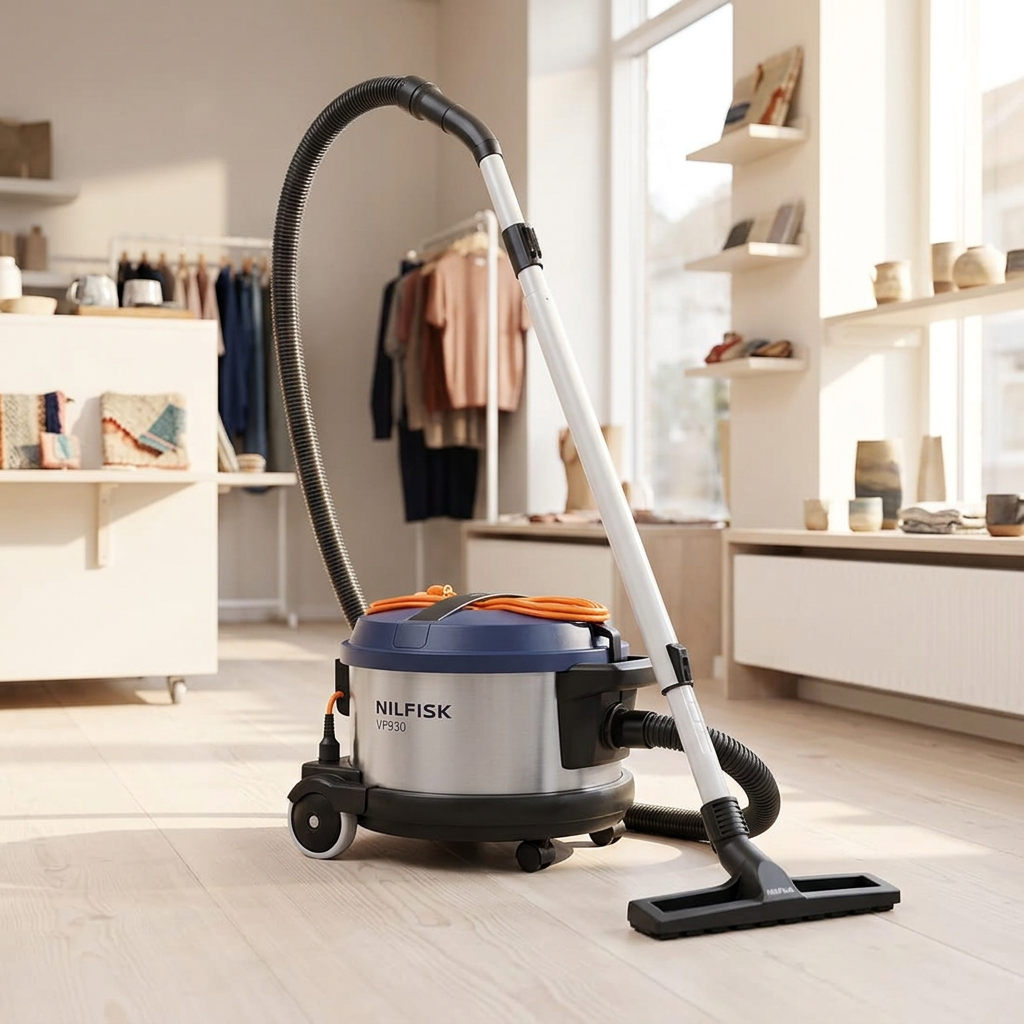 Nilfisk VP930 Blue Pro HEPA med rør og mundstykke i solbeskinnet butik. Genereret stemningsbillede.