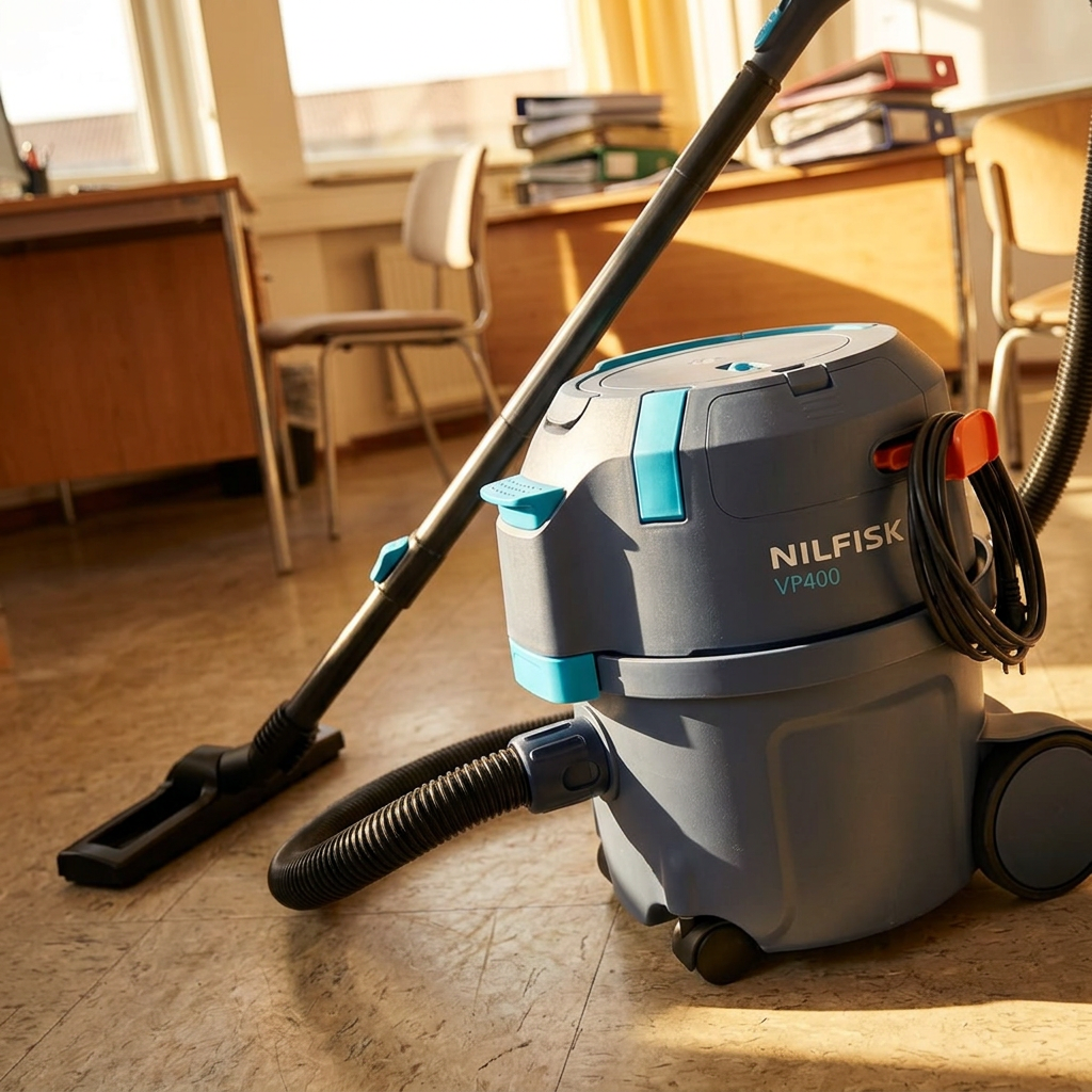 Nærbillede af Nilfisk VP400 i solbeskinnet personalerum. Genereret stemningsbillede.