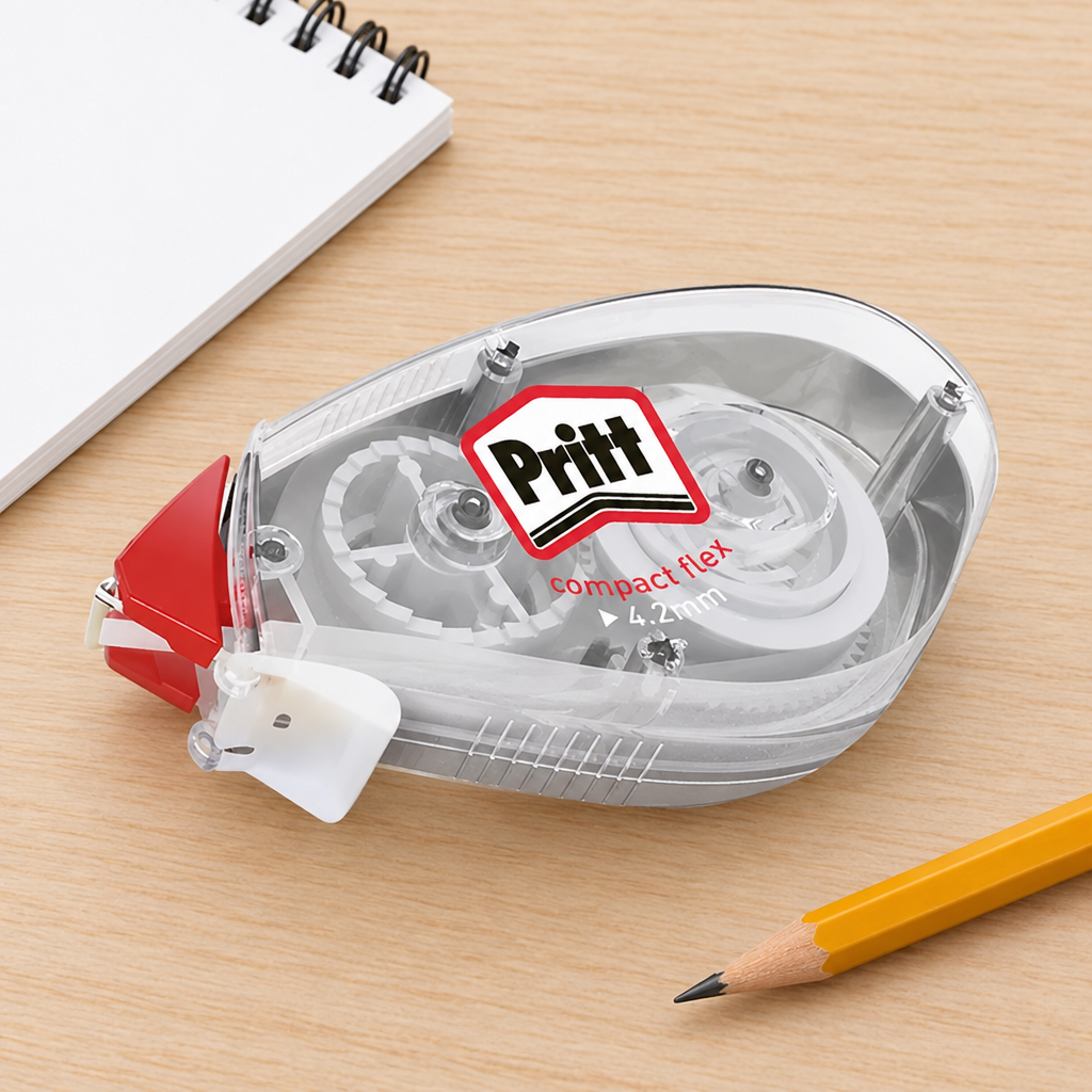 Pritt Compact Flex-rettetape ved blyant og notesbog på lyst bord, genereret miljøbillede