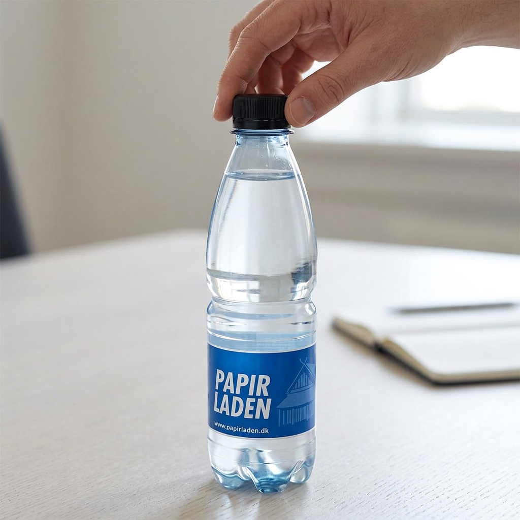 Sort låg lukkes på Papirladens 0,5-liters logovandsflaske med blå eksempeletiket