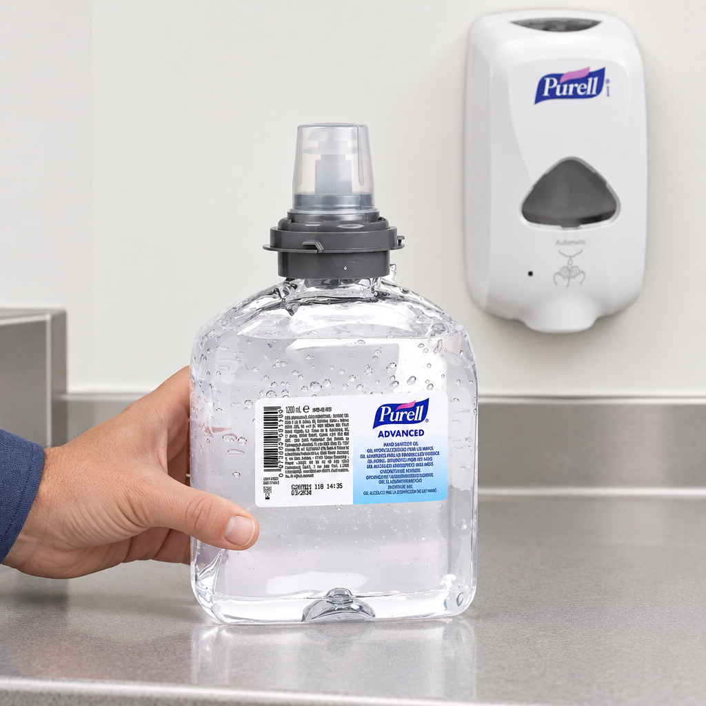 Illustration af håndtering af Purell TFX-refill ved servicebord