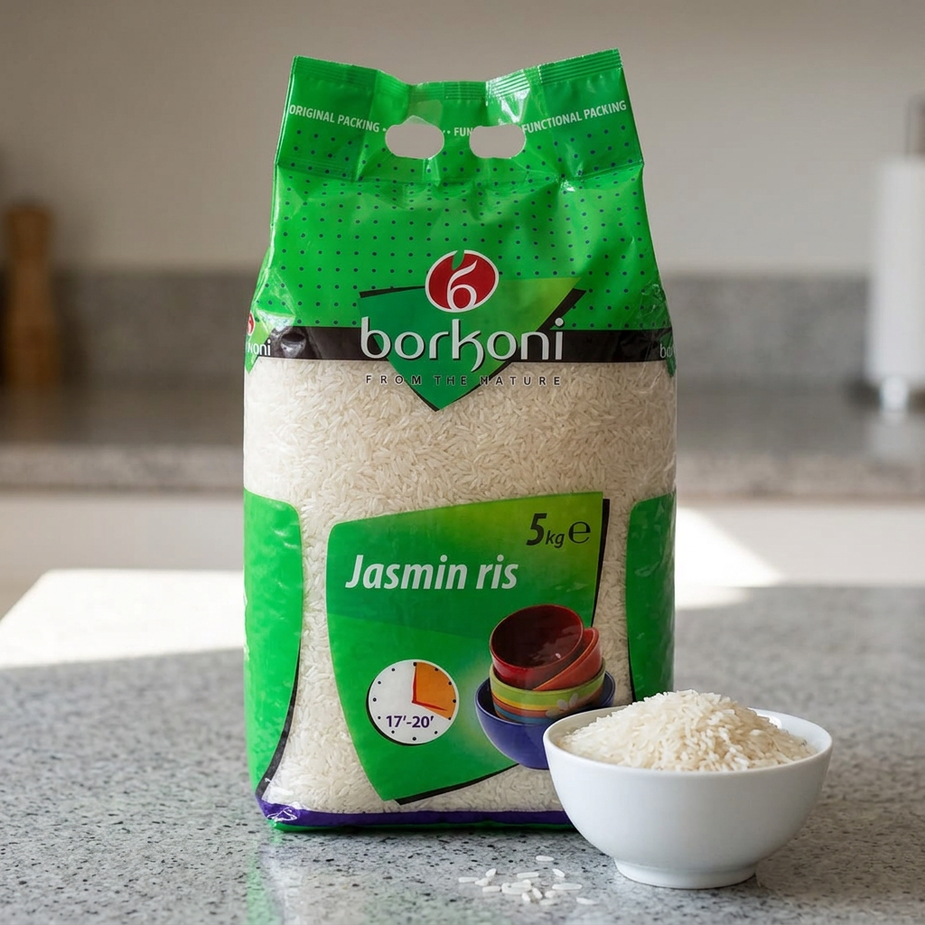 Borkoni jasminris med en skål tørre ris på køkkenbordet