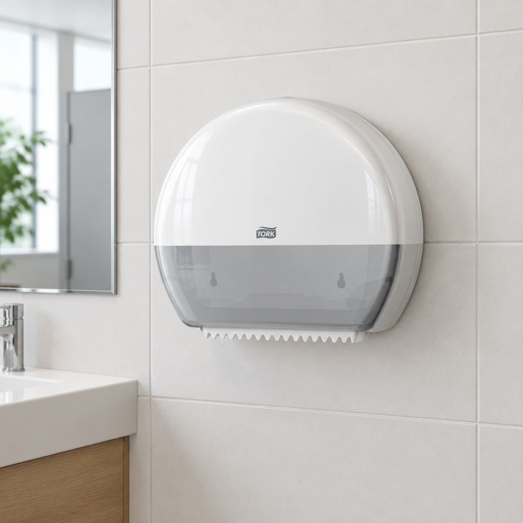 Hvid Tork T2 Mini Jumbo-toiletpapirdispenser ved flisevæg på kontortoilet