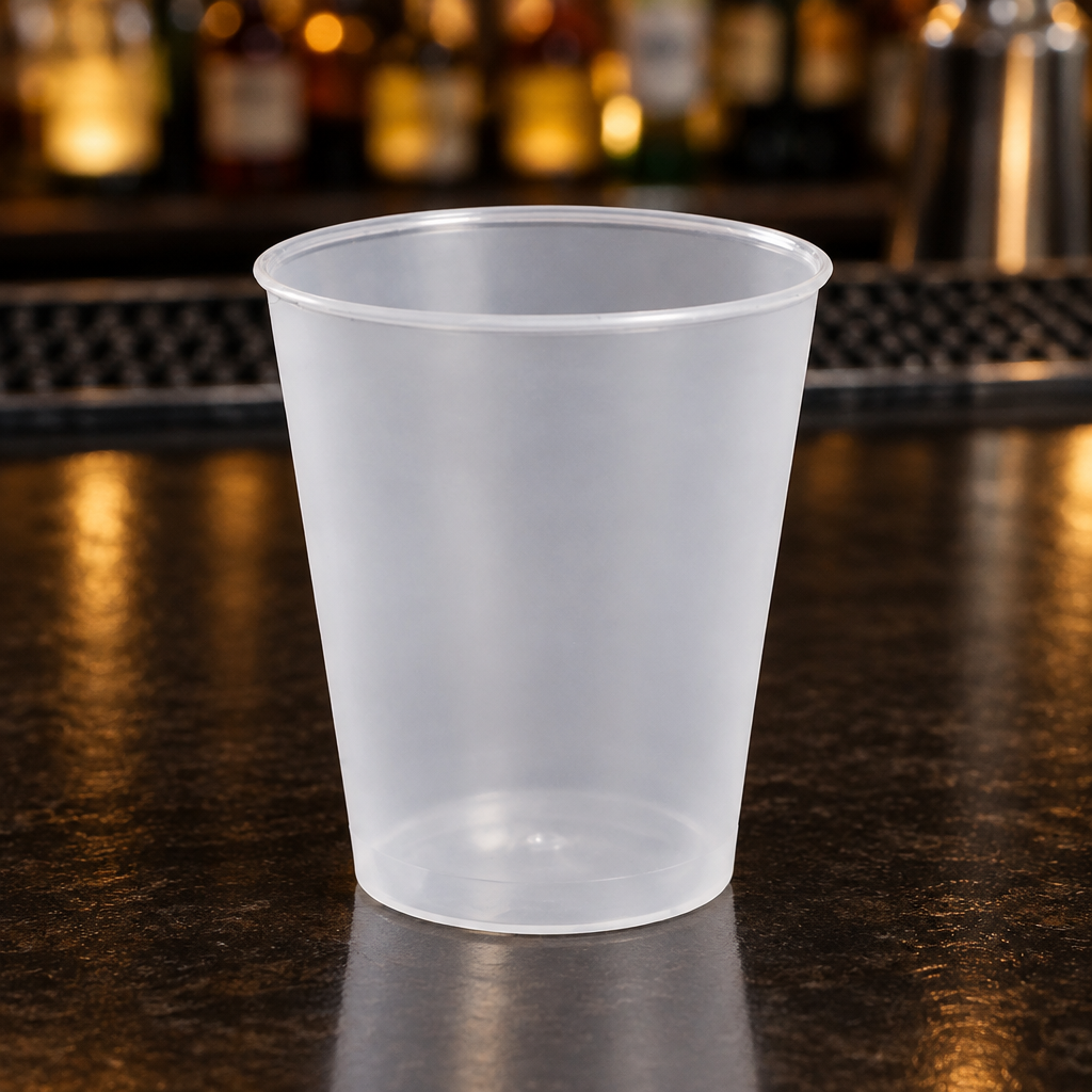 Tomt translucent PP-shotglas på mørk bardisk