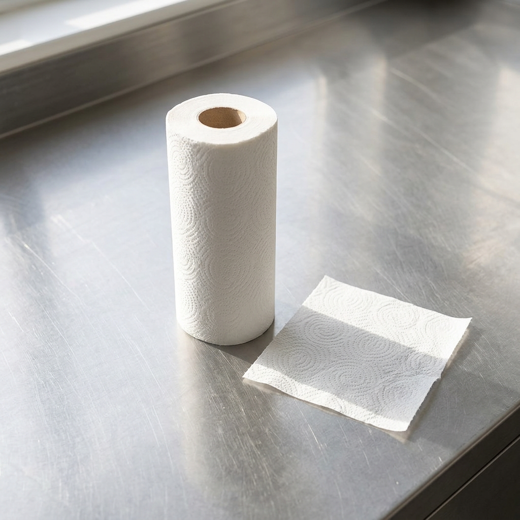 Hvid køkkenrulle og et løst ark på et solbeskinnet stålbord