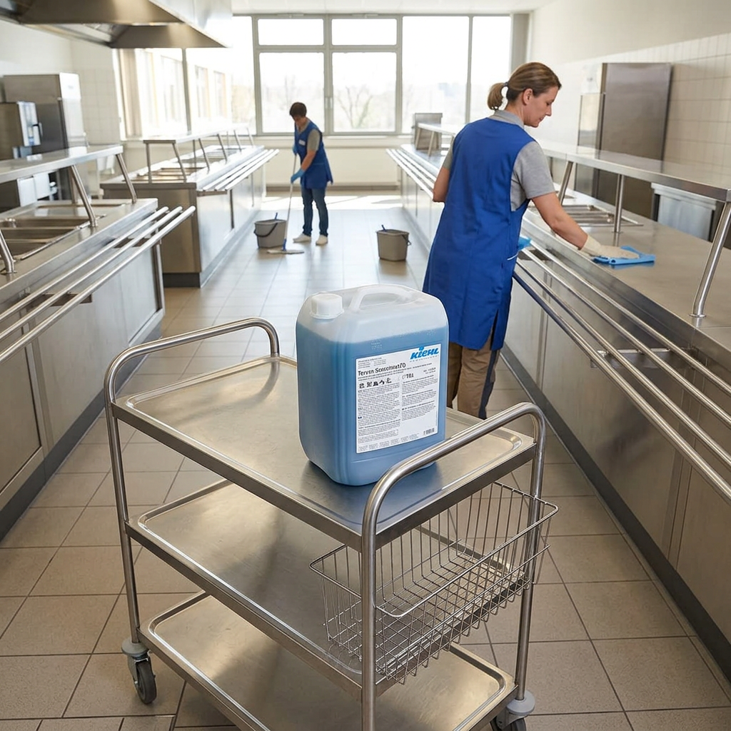 Kiehl Torvan FD på servicevogn ved rengøring af kantinens arbejdsflader